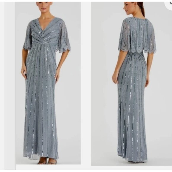 NWT $698 Mac Duggal 93583 Sequined V-Neck Cape Sleeve Gown in Slate Size 14